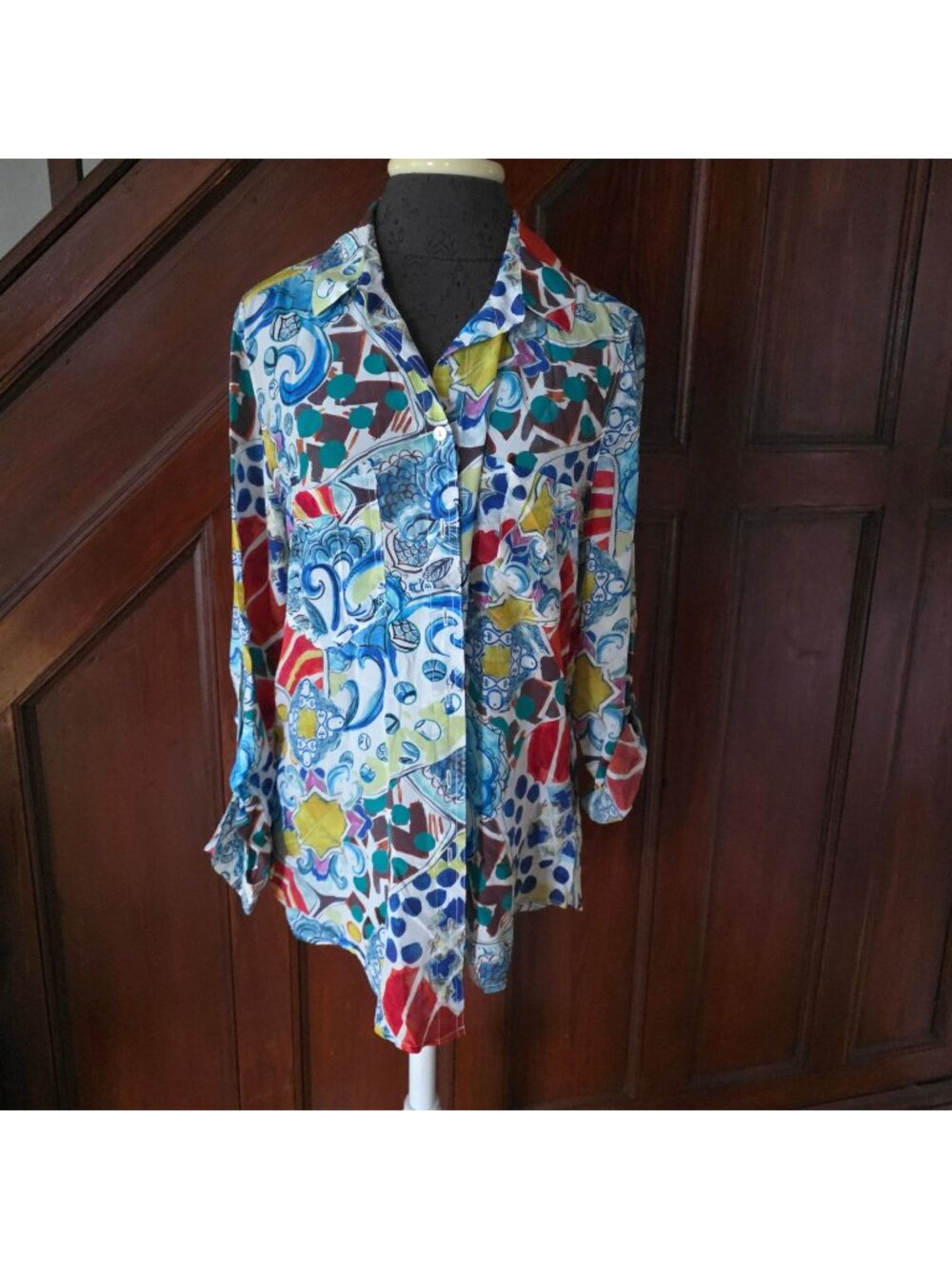 Tianello Multicolor 100% Silk Button-Up Shirt Abstract Print Size M Made In USA